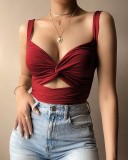 Women's Vest Top Knot Elastic Lace V-Neck Low Back Strap Summer Camisole