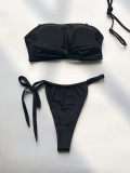 Women Strapless Solid Color Two Piece Bikini Sexy  Low Back Swimsuit