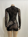 Women's Solid Color Mesh Round Neck Long Sleeve See-Through Sexy Slim Mini Dress