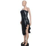 Sexy Fashionable Strapless Irregular Ruffled Slit Sequin Party Dress