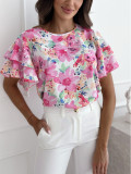 Fashion Summer Print Ruffle Sleeve Round Neck Short Sleeve Top