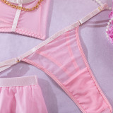 Sexy Lingerie See-Through Mesh Skirt With Halter Neck Chain Gloves Four Piece Set