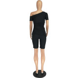 Women's Summer Fashion Slash Shoulder Short Sleeve Sexy Shorts Casual Two Piece Shorts Set