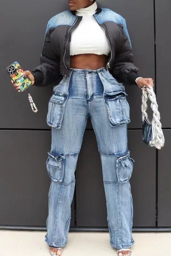 Patchwork Multi-Pocket Denim Pants for Casual Streetwear