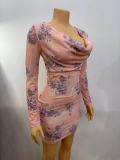 Women's Printed Long Sleeve Bodycon Dress