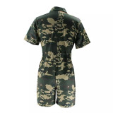 Women Summer Short Sleeve Sexy Camouflage Hollow Turndown Collar Jumpsuit
