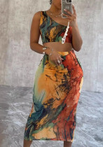 Women Sexy Printed Stretch Shoulder Top and Bodycon Skirt Two-piece Set