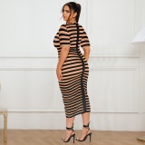 Plus Size Women knitting striped print short-sleeved Round Neck dress