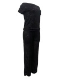 Women Summer Sequin Solid Short Sleeve Top and Pants Two-piece Set