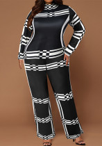 Plus Size Women Stand Collar Striped Long Sleeve Top and Straight Pants Two-piece Set Plus Size Women Stand Collar Striped Long Sleeve Top and Straight Pants Two-piece Set