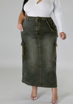 Plus Size Women Denim Strap Slit Skirt Plus Size Women Denim Strap Slit Skirt