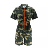 Women Summer Short Sleeve Sexy Camouflage Hollow Turndown Collar Jumpsuit