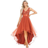 Summer Women's Evening Dress Sequined V-Neck Sleeveless High-Low A-Line Party Dress （Processing time need 3-6 days）