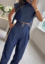 Women Casual Belt Decorated Turtleneck Short Sleeve Top and Pants Two-piece Set Women Casual Belt Decorated Turtleneck Short Sleeve Top and Pants Two-piece Set