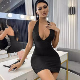 Women Summer V Neck Sleeveless Solid Dress
