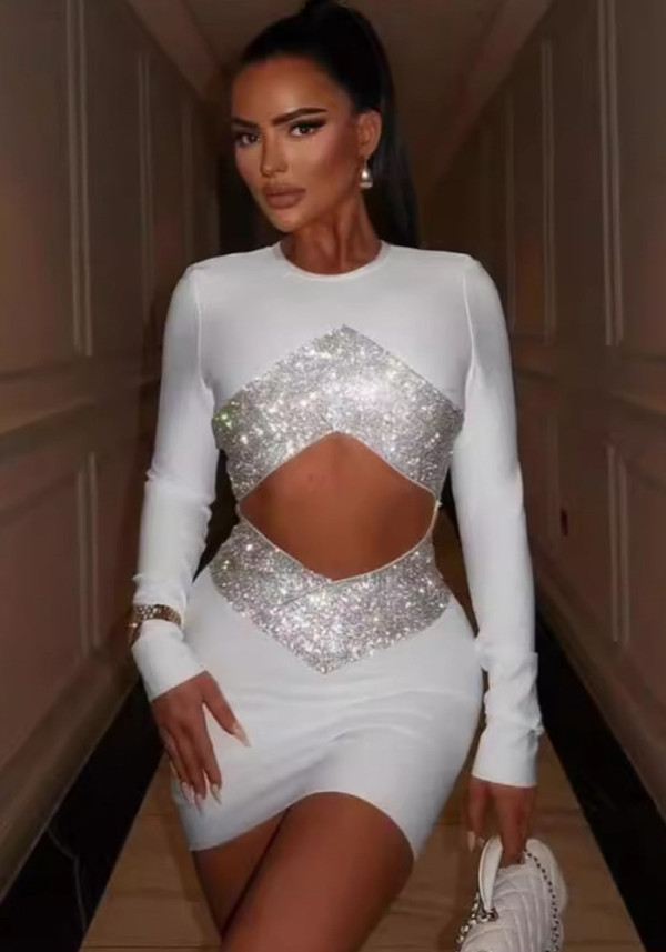 Women Sequin Cutout Round Neck Long Sleeve Bodycon Dress