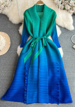 Women Pleated Long Sleeve Turndown Collar Lace-up Gradient Dress Women Pleated Long Sleeve Turndown Collar Lace-up Gradient Dress