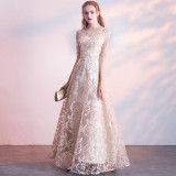 Formal Party Long Gown Wedding Chic Lace Champagne Evening Dress（Processing time need 3-6 days）