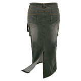Plus Size Women Denim Strap Slit Skirt
