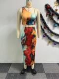 Women Sexy Printed Stretch Shoulder Top and Bodycon Skirt Two-piece Set