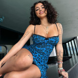Women's Summer Fashion Leopard Printed Side Slit Strap Dress