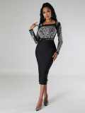 Women Sexy Long Sleeve Beaded Crop Top and Skirt Two-piece Set