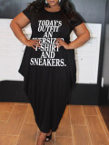 Women Letter Printed Round Neck Short Sleeve Irregular Dress