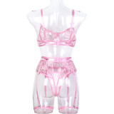Pink Butterfly Patches Embroidered Hollows Sexy Three-Piece Lingerie Set
