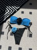 Color Block Rose Strapless Lace-Up Two Pieces Bikini Swimsuit