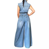 Women's Casual Sleeveless Denim Wide Leg Jumpsuit
