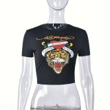 Women Summer Printed Short Sleeve Crop Top