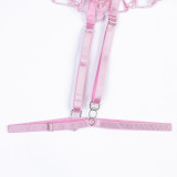 Pink Butterfly Patches Embroidered Hollows Sexy Three-Piece Lingerie Set