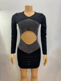 Women Sequin Cutout Round Neck Long Sleeve Bodycon Dress