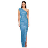 Women's One-Shoulder Sleeveless Sequined Slit Evening Party Dress