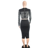 Women Sexy Long Sleeve Beaded Crop Top and Skirt Two-piece Set