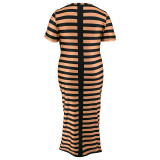 Plus Size Women knitting striped print short-sleeved Round Neck dress