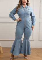 Plus Size Women's Zipper Turndown Collar Long Sleeve Bell Bottom Denim Jumpsuit Plus Size Women's Zipper Turndown Collar Long Sleeve Bell Bottom Denim Jumpsuit