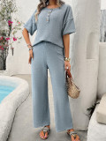 Women's Spring Summer Casual Solid Color Knitting Short Sleeve Two Piece Pants Set