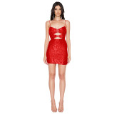 Women's Hollow Sequin Strap Low Back Slim Party Dress