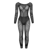 Spring Solid Round Neck Long Sleeve Sexy See-Through Mesh Jumpsuit