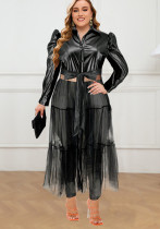 Plus Size Women's Pu Leather Mesh Patchwork Button Long Sleeve Dress
