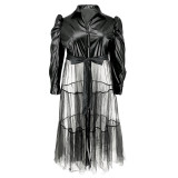 Plus Size Women's Pu Leather Mesh Patchwork Button Long Sleeve Dress
