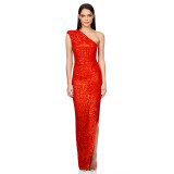 Women's One-Shoulder Sleeveless Sequined Slit Evening Party Dress