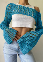 Sexy Hollow Knitting Shirt Solid Color Round Neck Long-Sleeved Cape Blouse