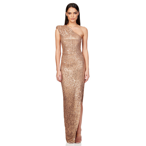 Women's One-Shoulder Sleeveless Sequined Slit Evening Party Dress