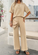 Women's Spring Summer Casual Solid Color Knitting Short Sleeve Two Piece Pants Set Women's Spring Summer Casual Solid Color Knitting Short Sleeve Two Piece Pants Set
