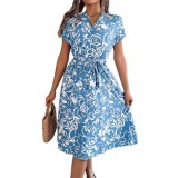 Spring/Summer Casual V-Neck Button Bat Sleeves Flower Casual Dress Women's Clothing