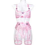 Pink Butterfly Patches Embroidered Hollows Sexy Three-Piece Lingerie Set