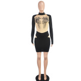 Women Sexy Beaded Color Block Long Sleeve Dress