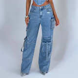 Pockets Denim Cargo Pants Loose Casual Trousers